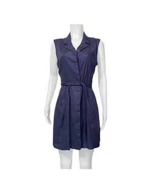 Halston H Linen Dress Stretch Belted Mini Navy Blue Button Front Sleeveless 6